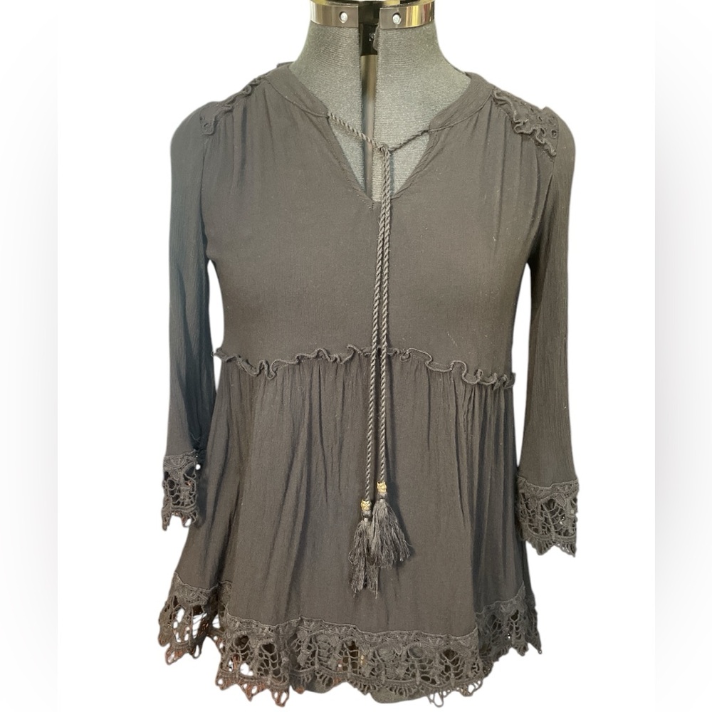 Knox‎ Rose Black Babydoll Top Lace Crochet Tassels Witchy Whimsigoth Size XS